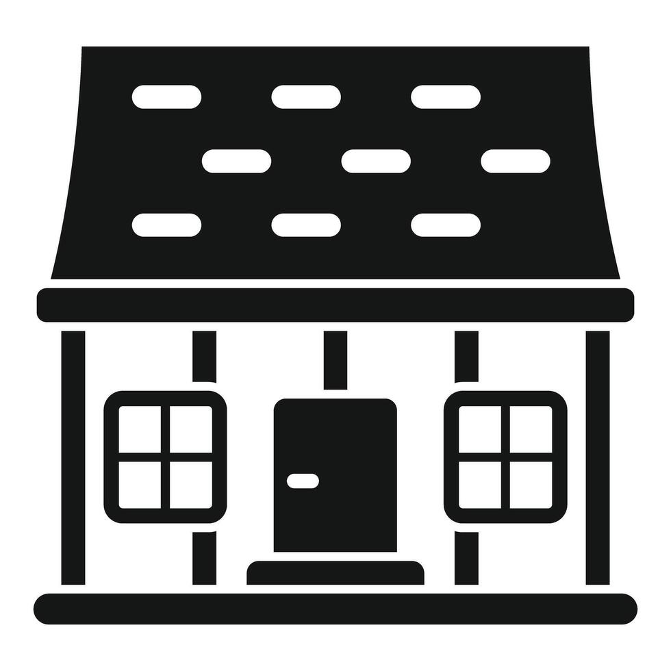Black glyph icon of a wooden hut with a porch, door, windows and tiled roof vector