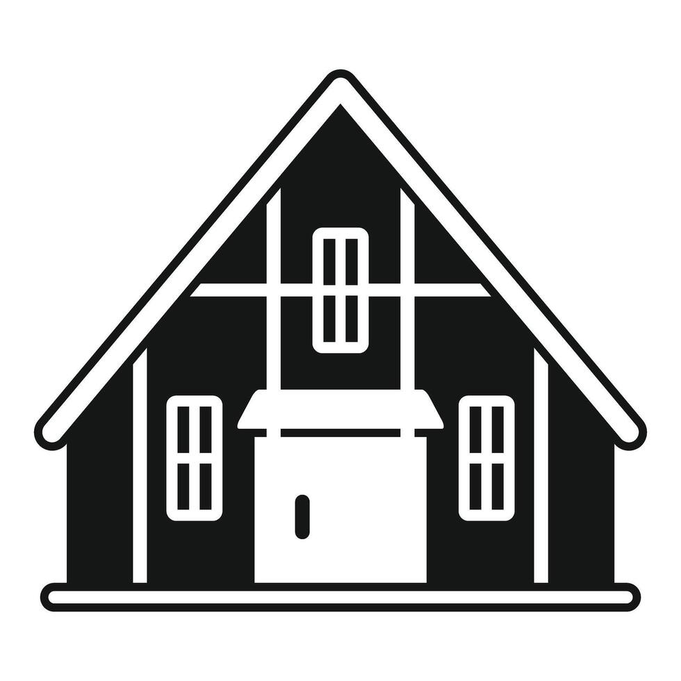 Black glyph icon of a wooden chalet with a sloped roof and a garage door vector