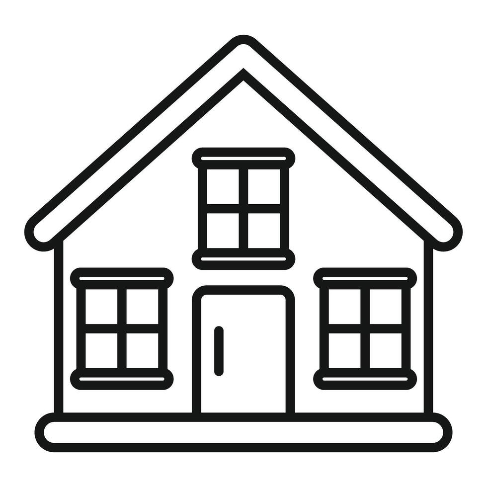 Simple small family house facade with three windows and a door line art icon vector