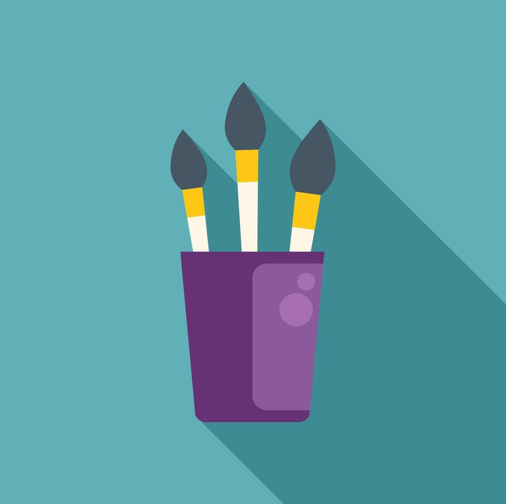 Three paintbrushes standing in a purple jar casting long shadow vector