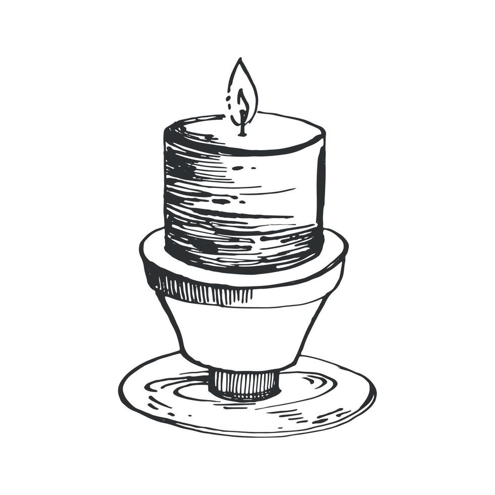 Candle on a candlestick, a burning candle hand-drawn with black ink on a white background. Magic, Halloween illustration. Suitable for printing on fabric, paper, for posters, invitations, postcards vector