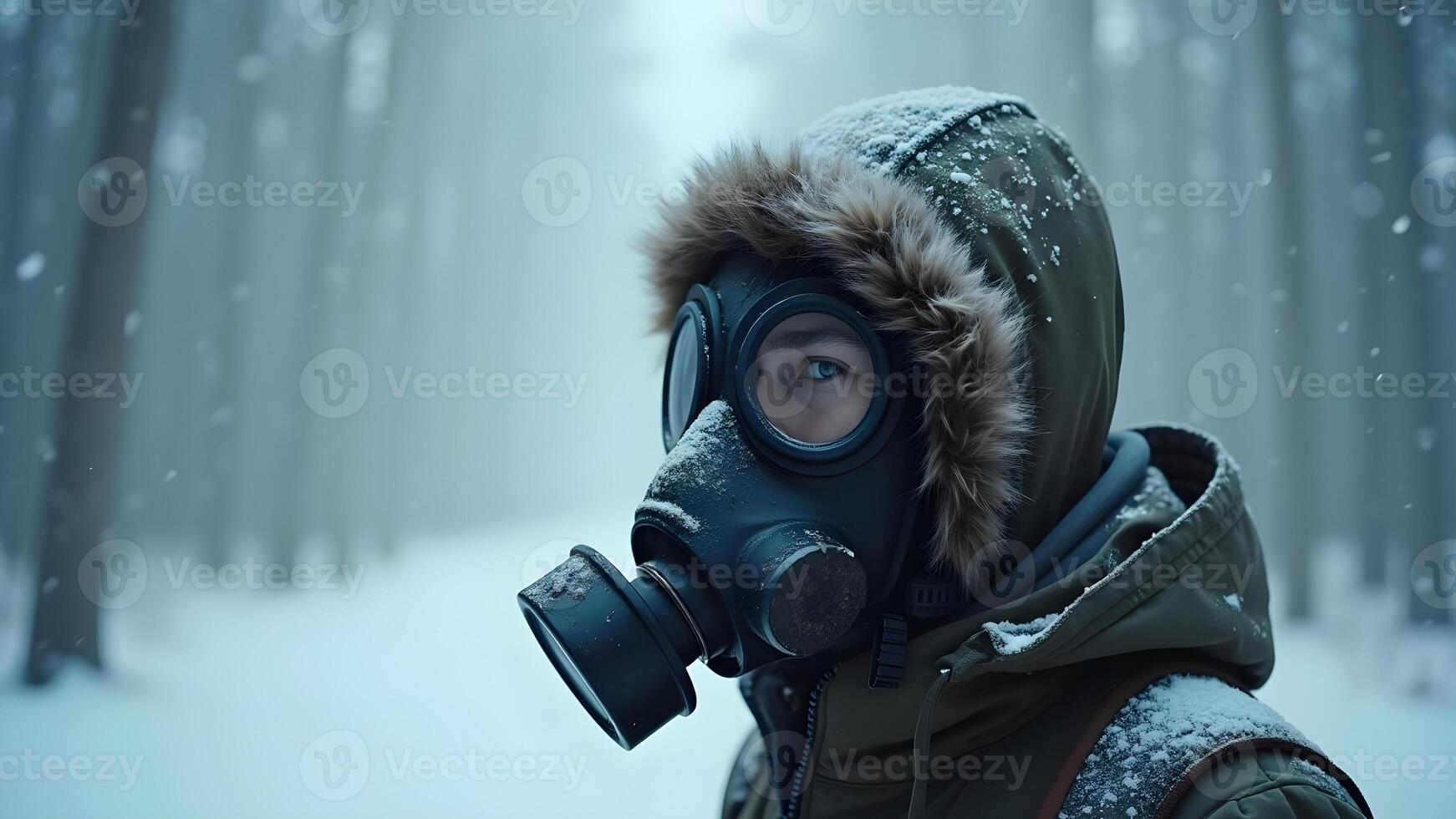 a man wearing a gas mask and a thick jacket in the cold snow photo