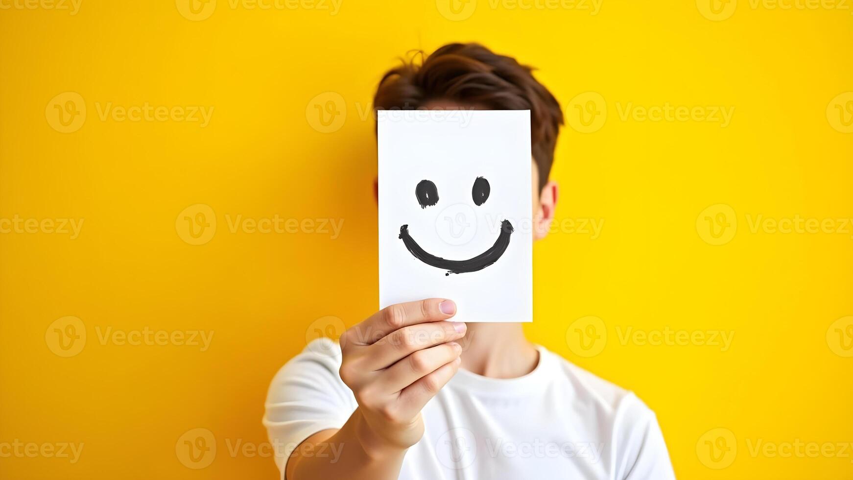 a man with a yellow background emoticon holding a paper face with a happy face photo