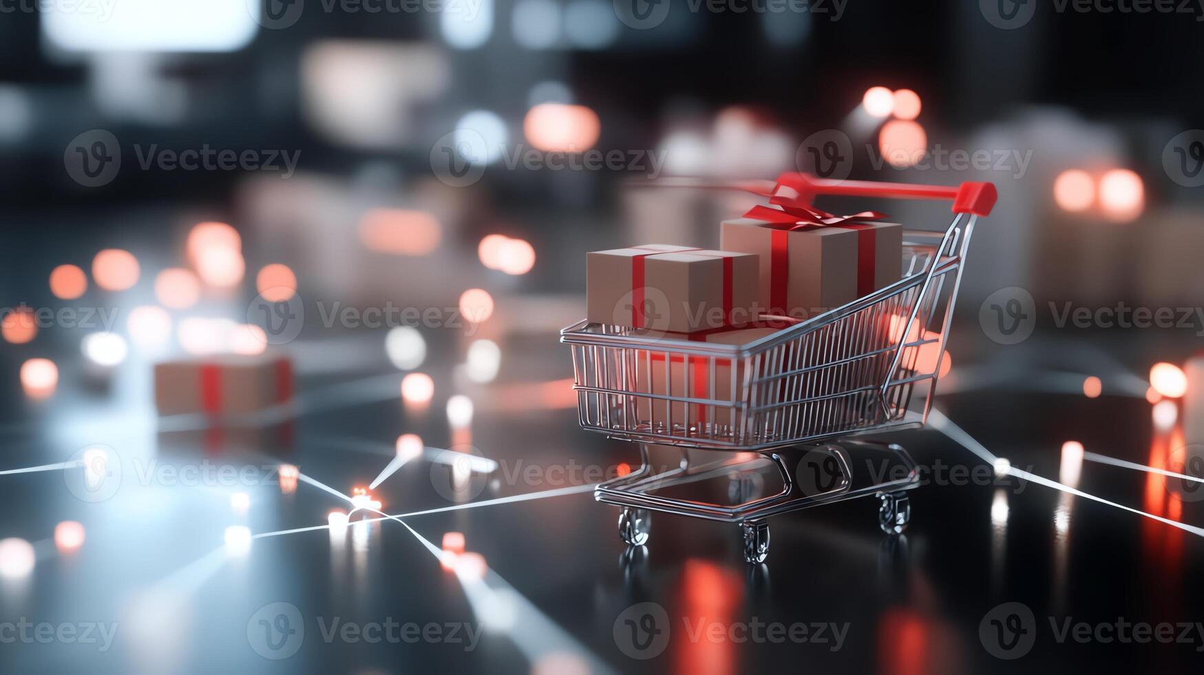 Shopping cart filled with packages on a digital background, representing online shopping and e-commerce with modern technology. photo