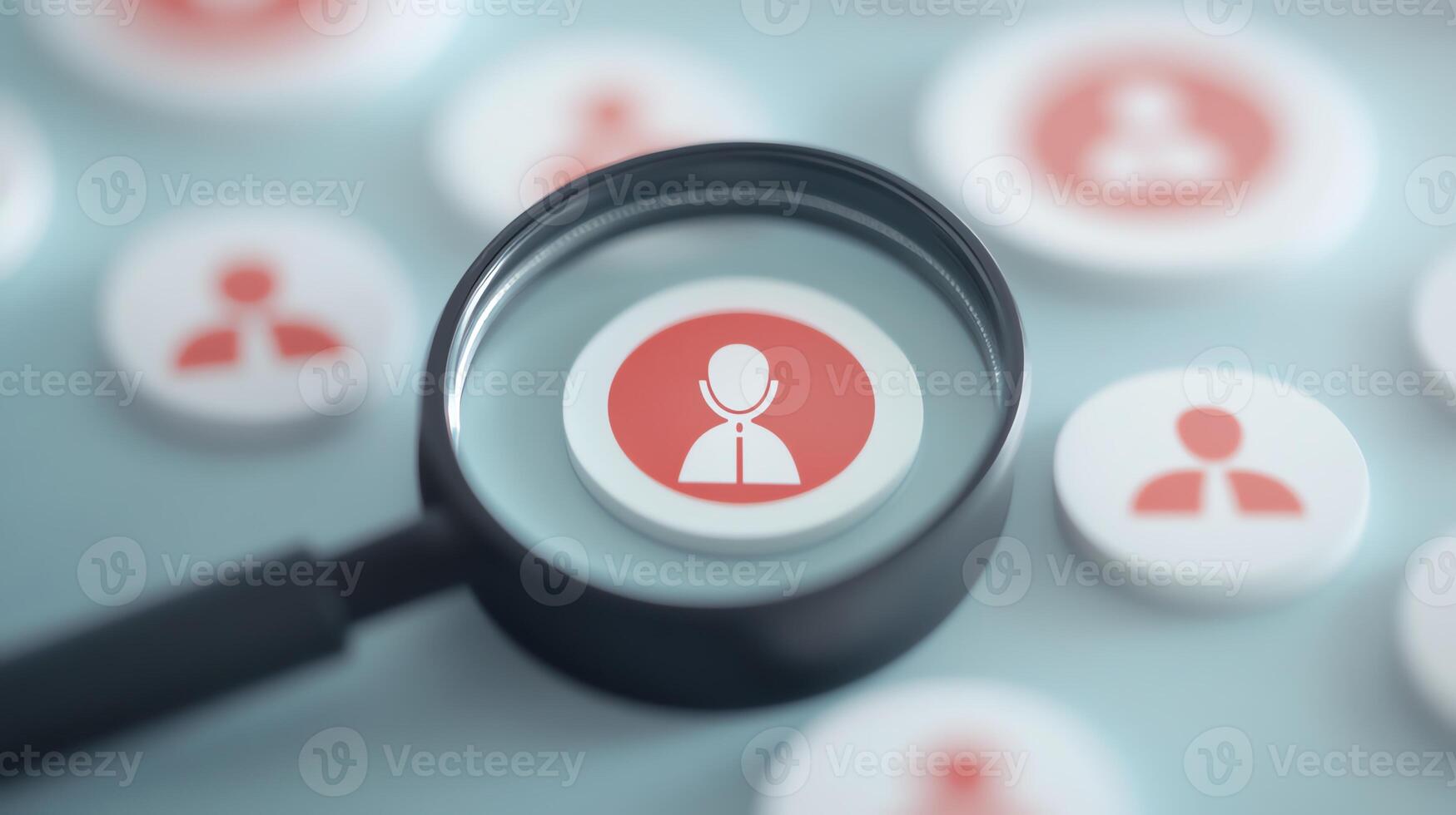 Magnifying glass focused on user icon, highlighting individual person concept among group. Representation of search, recruitment and selection. photo