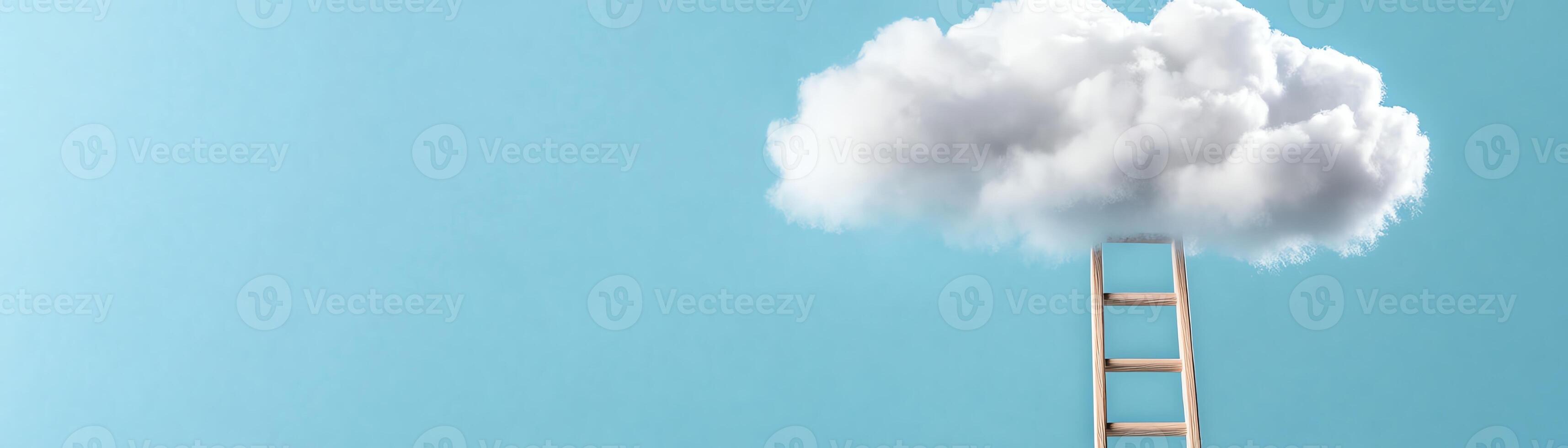 Ladder reaching up to a white cloud in a clear blue sky. Concept of dreaming big and achieving success. Surrealistic, inspirational imagery. photo