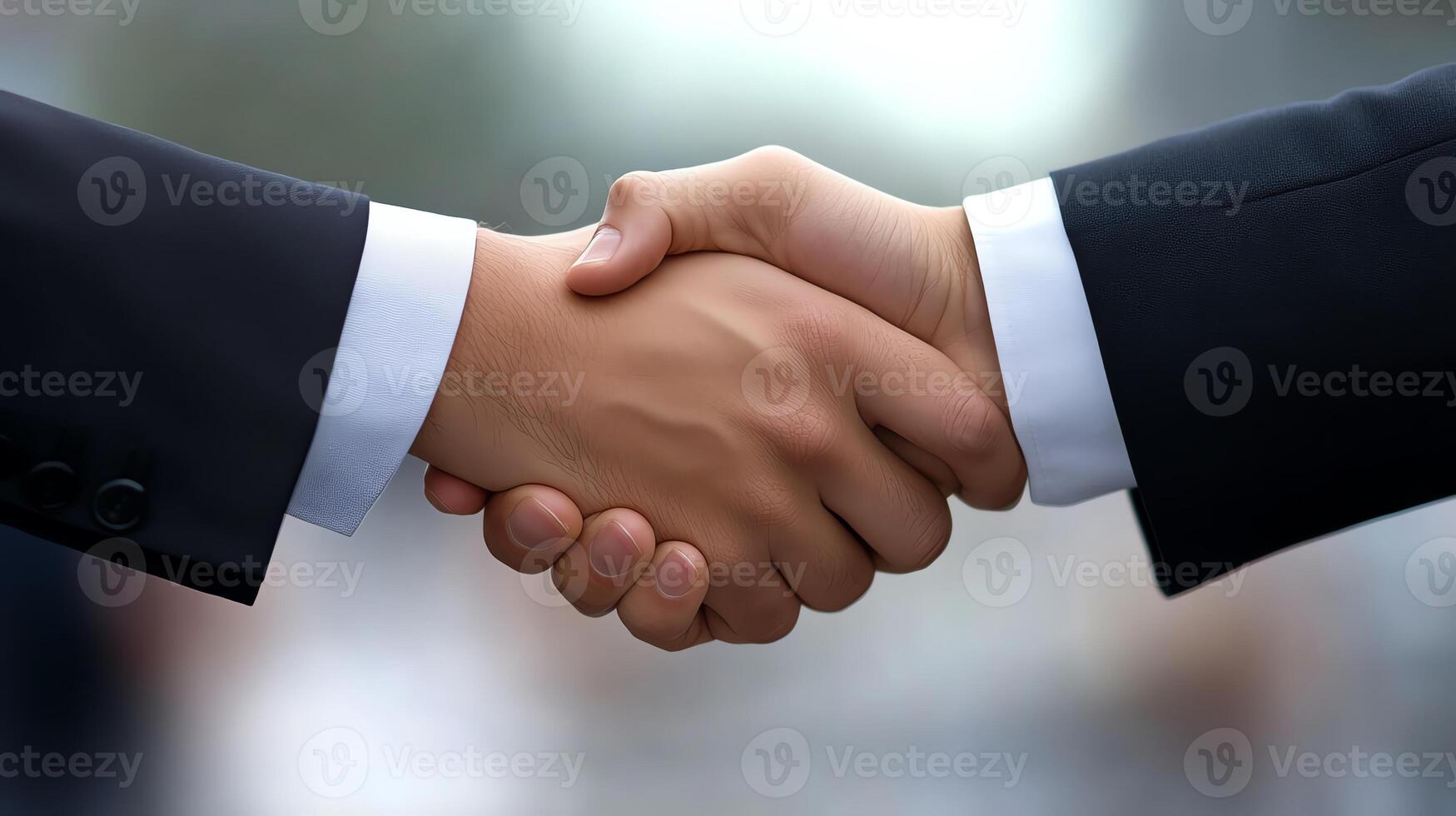 Close-up of a handshake between two business professionals in formal suits, symbolizing agreement and partnership. photo