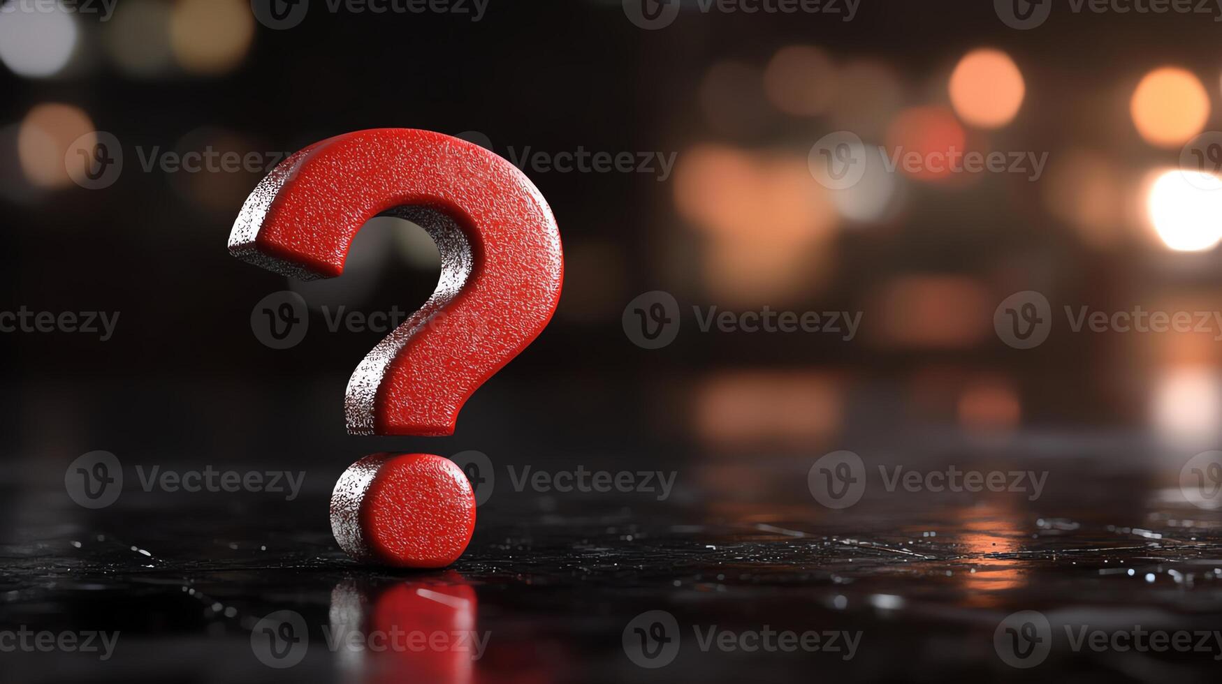 Red question mark symbol on a shiny dark surface with blurred lights background, representing inquiry, curiosity, and uncertainty. photo