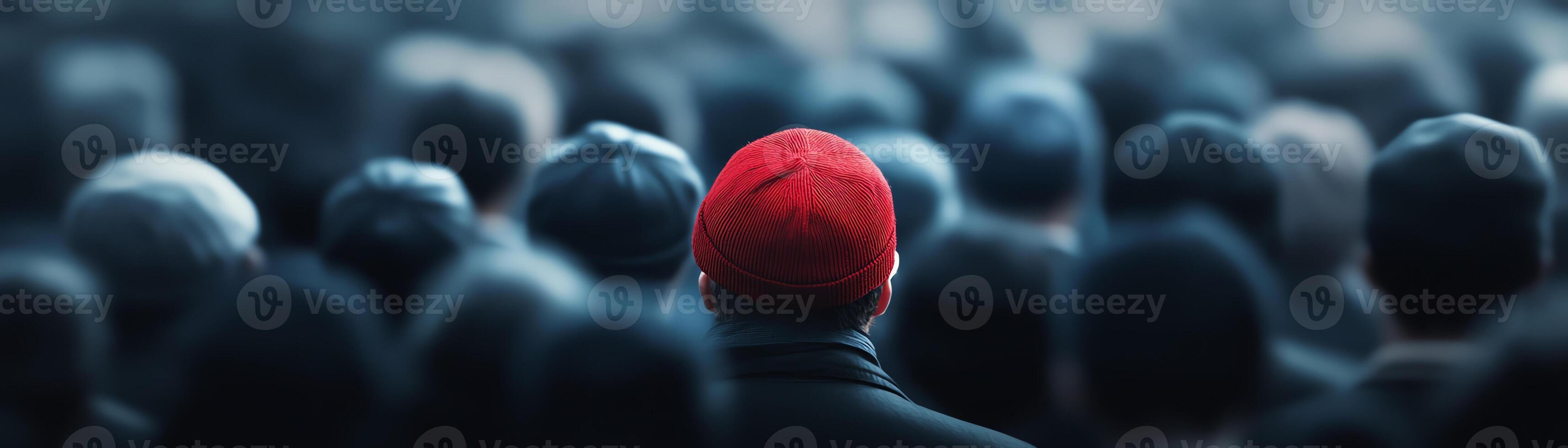 A person wearing a bright red hat stands out in a crowd of people, symbolizing individuality and uniqueness. photo