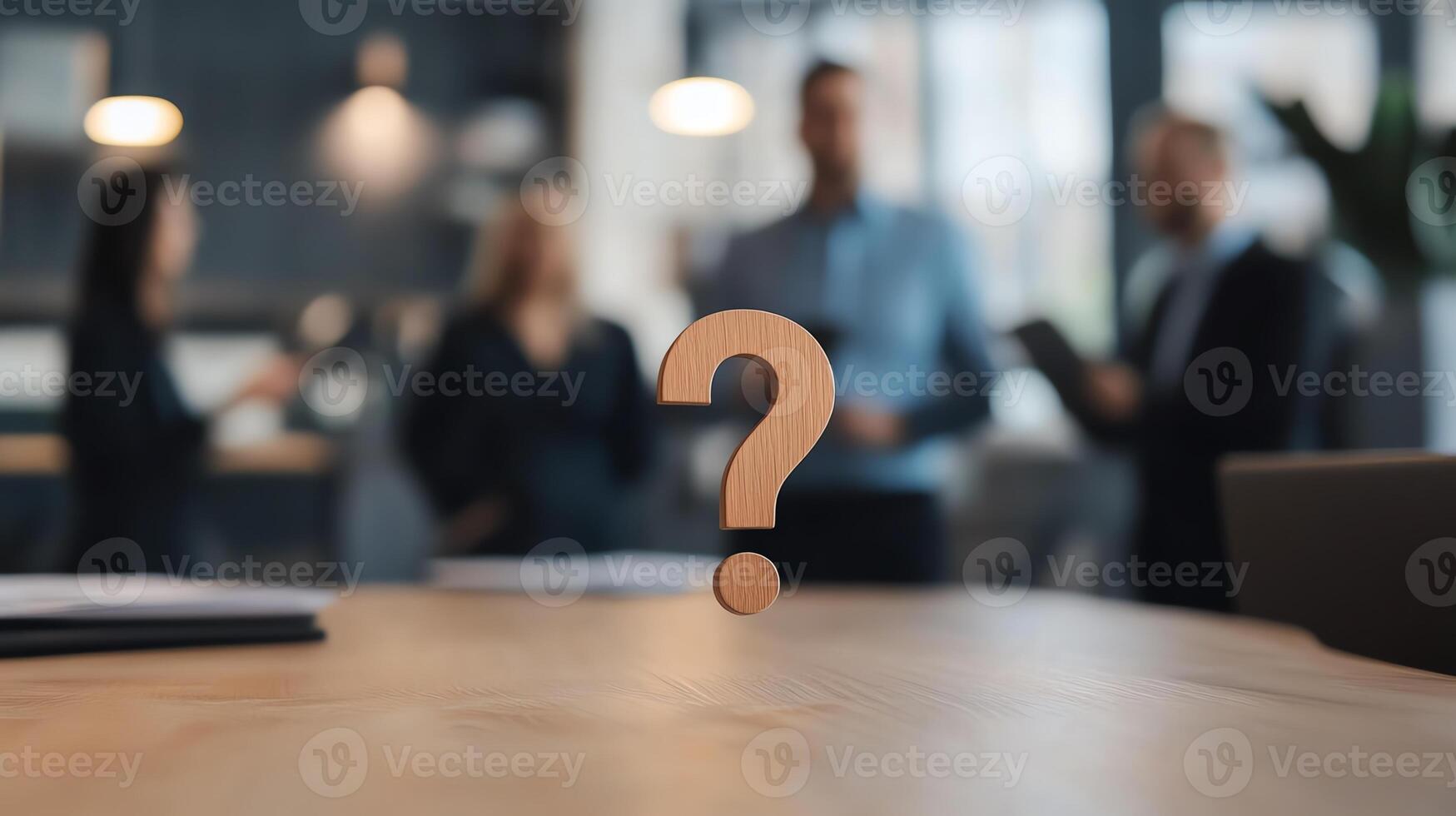 Blurred office background with focus on a question mark, symbolizing uncertainty, decision-making, and business discussions. photo