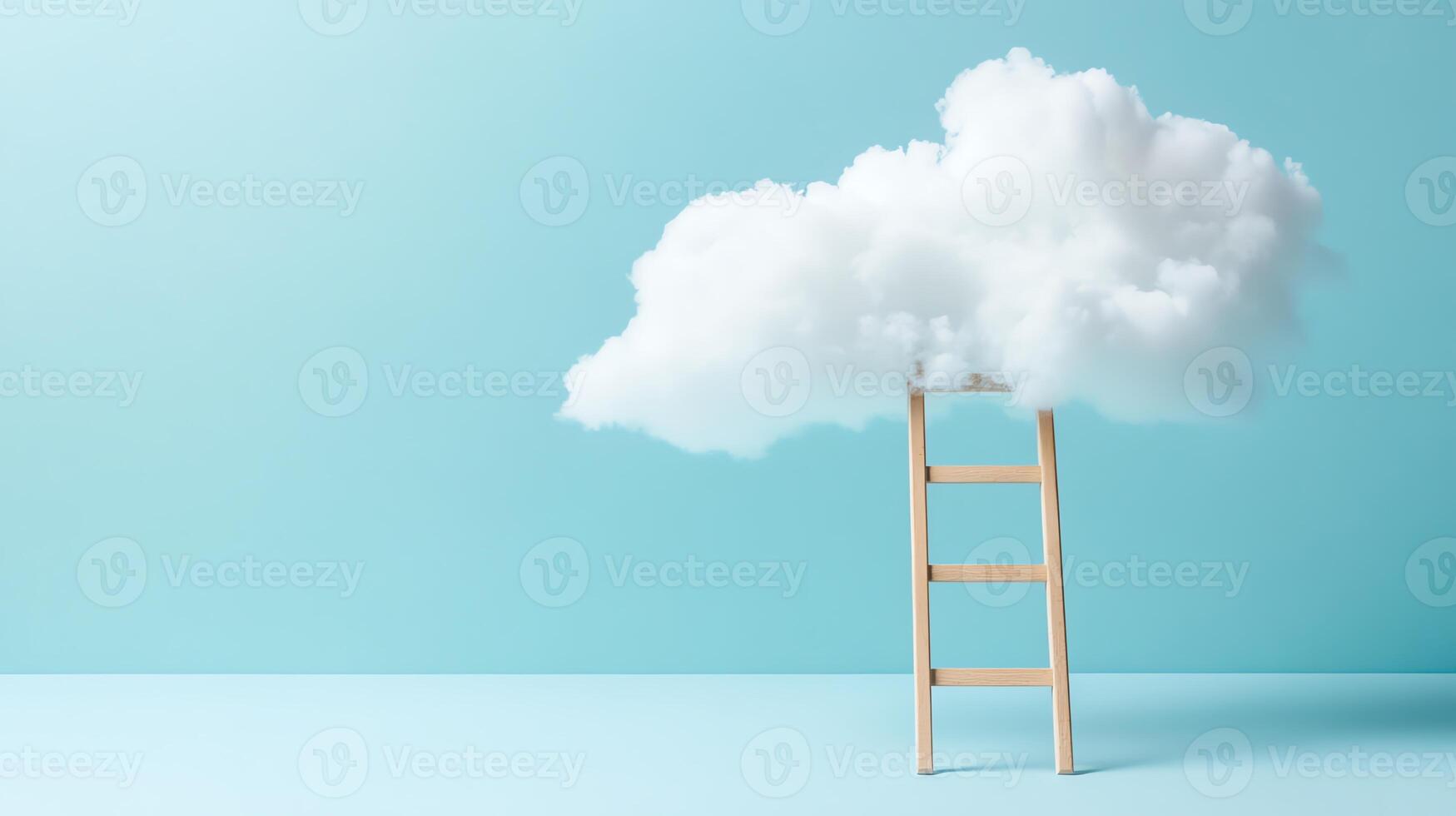 Ladder reaching a white fluffy cloud against a blue background symbolizing dream, aspiration, success, and creativity in a surreal concept. photo