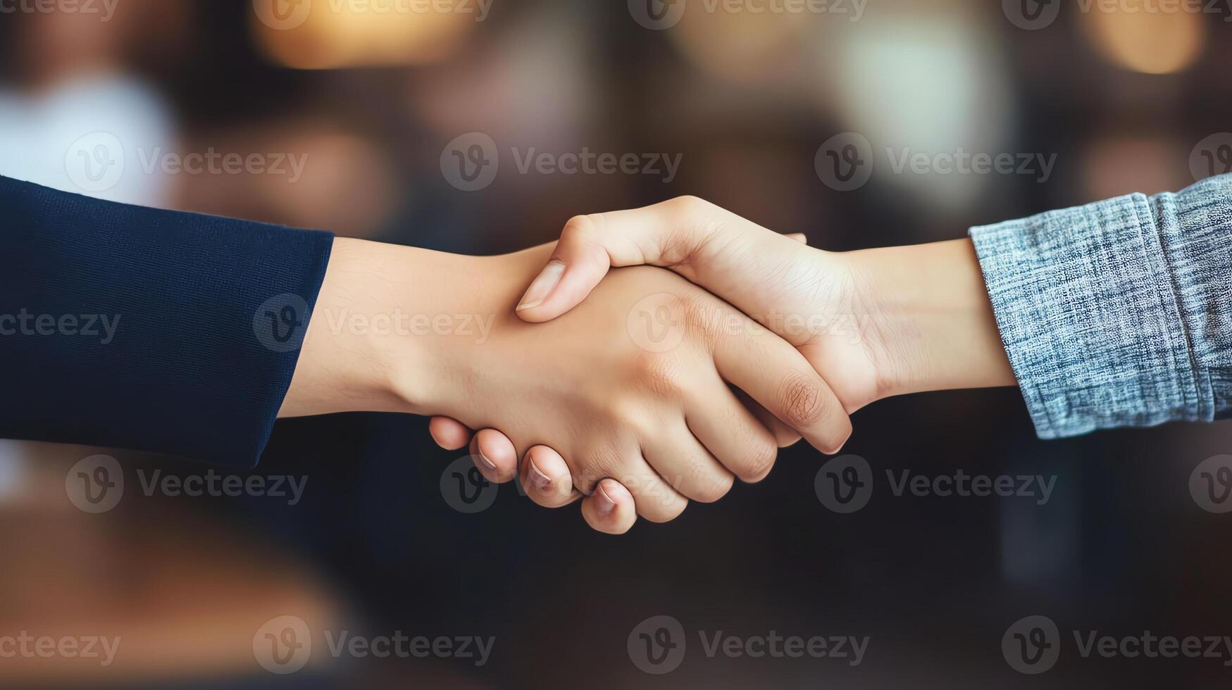 Close-up of two people shaking hands in a professional setting, symbolizing agreement, partnership, and business success. photo