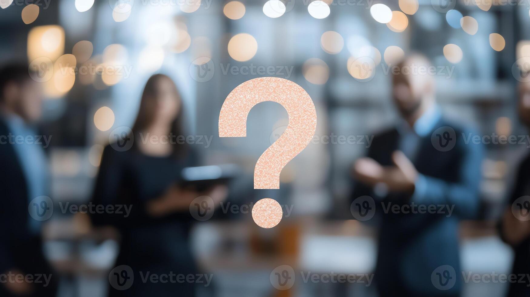 Blurred business professionals in a modern office setting with a question mark symbolizing uncertainty or inquiry. photo