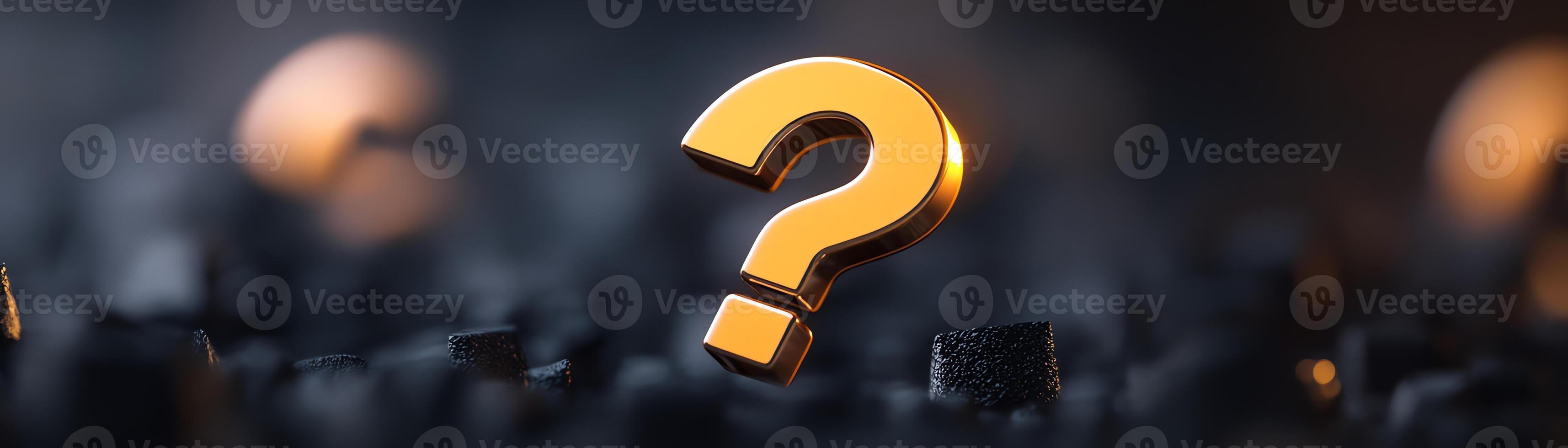 Golden question mark symbol surrounded by a dark, indistinct background, representing curiosity, inquiry, and mystery. photo