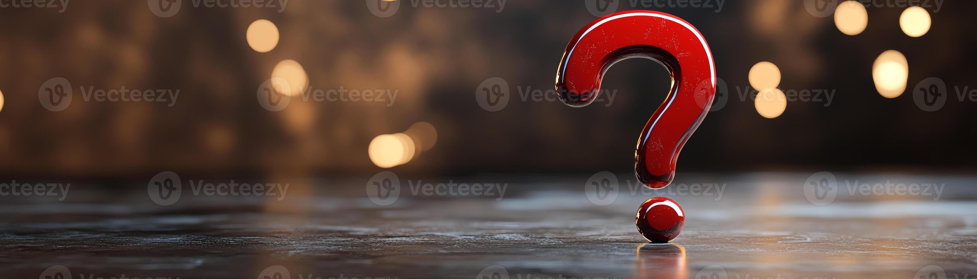 Red question mark on a dark reflective surface with warm bokeh lights in the background, symbolizing curiosity and inquiry. photo