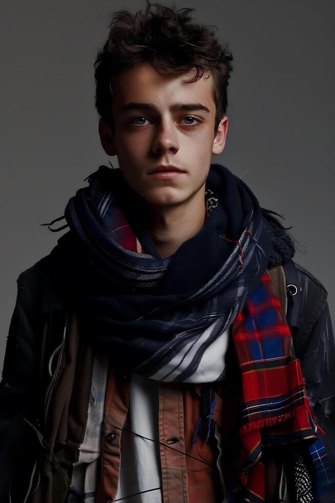 a young man wearing a scarf and jacket photo
