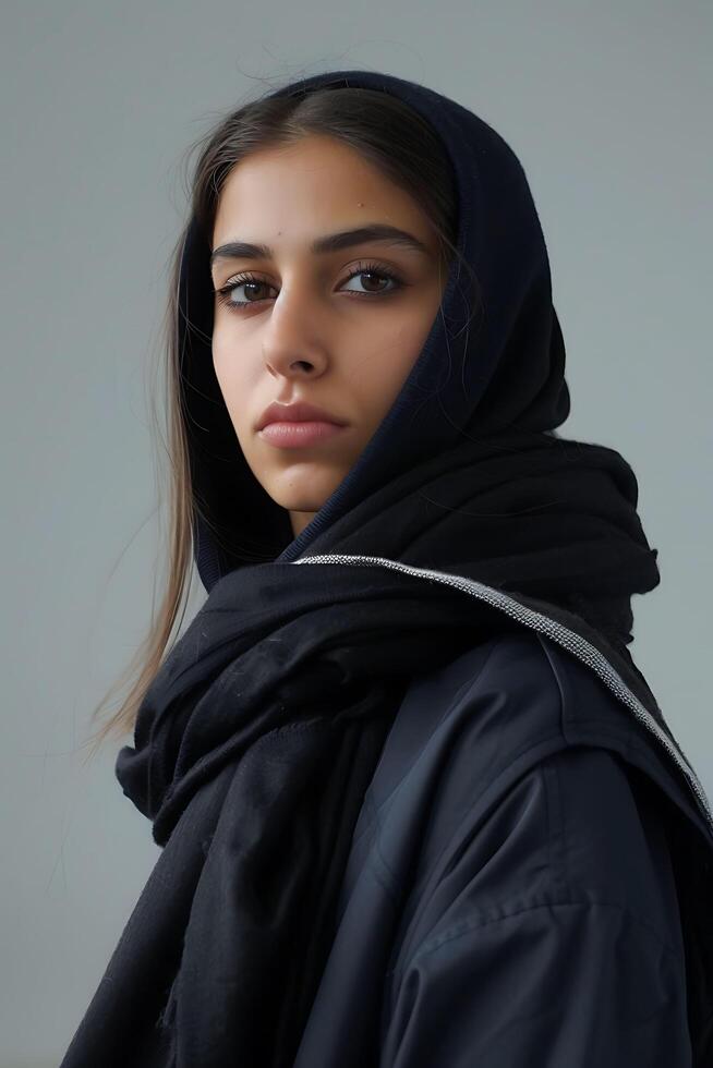 a woman wearing a black shawl and black jacket photo