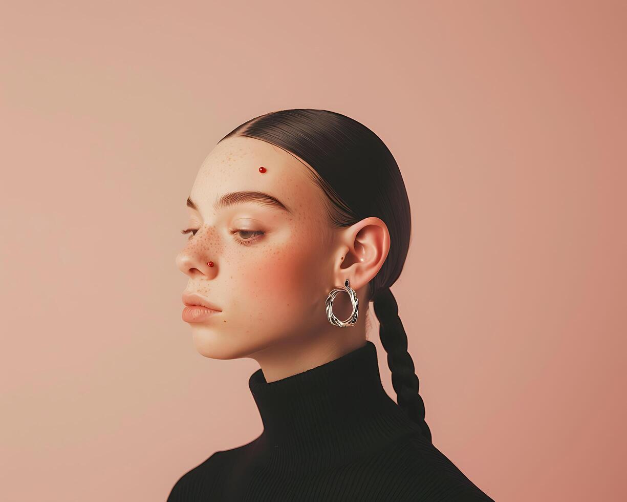 a woman with a black turtle neck and earrings photo
