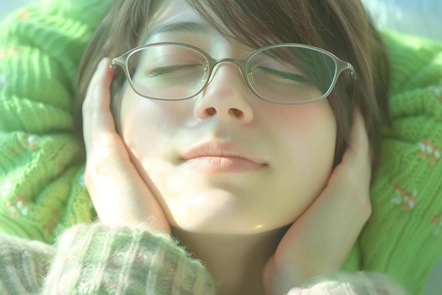 a woman wearing glasses and a sweater laying down photo