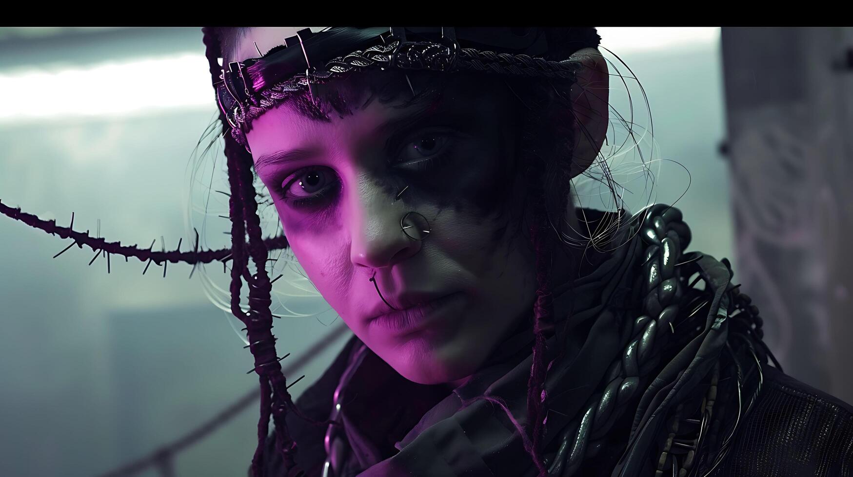 a woman with a headpiece and chains on her face photo