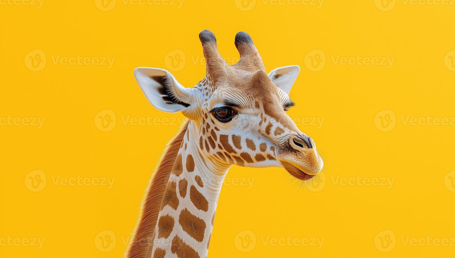 A giraffe is standing in front of a yellow background photo