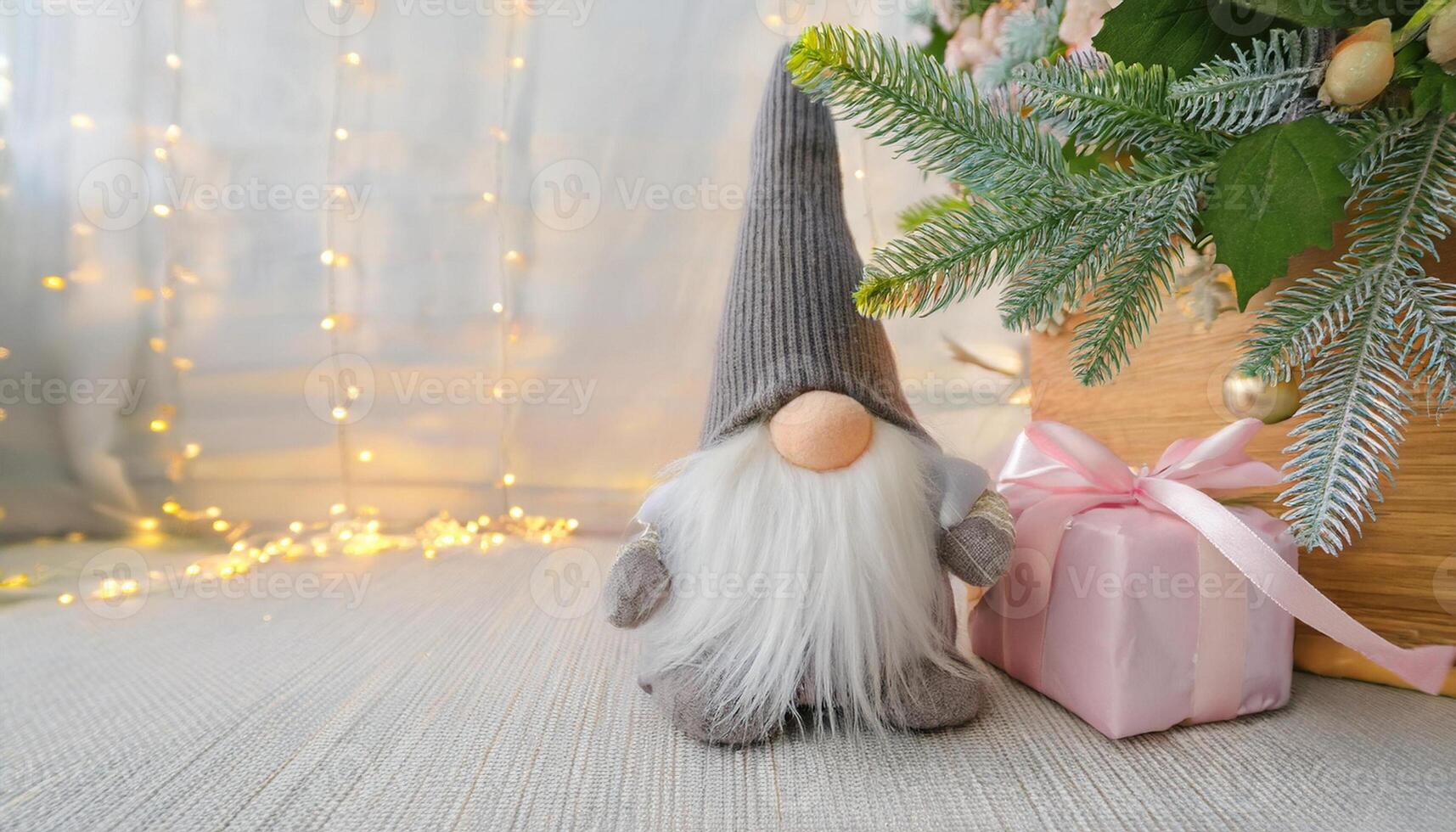 Christmas gnome under tree decorated, holiday lights background photo