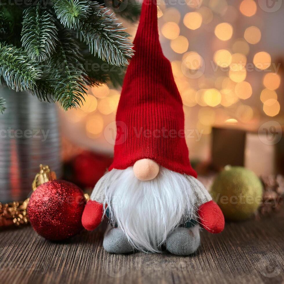 Christmas gnome under tree decorated, holiday lights background photo