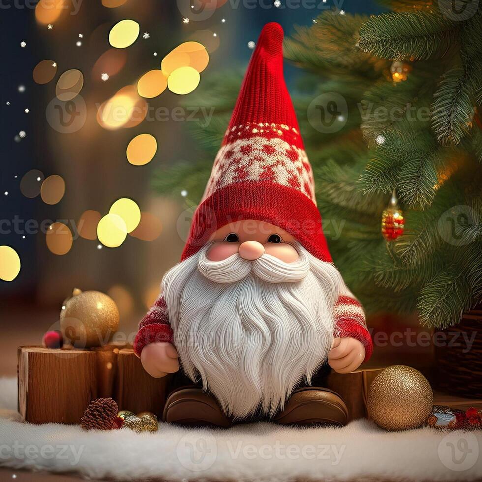 Christmas gnome under tree decorated, holiday lights background photo