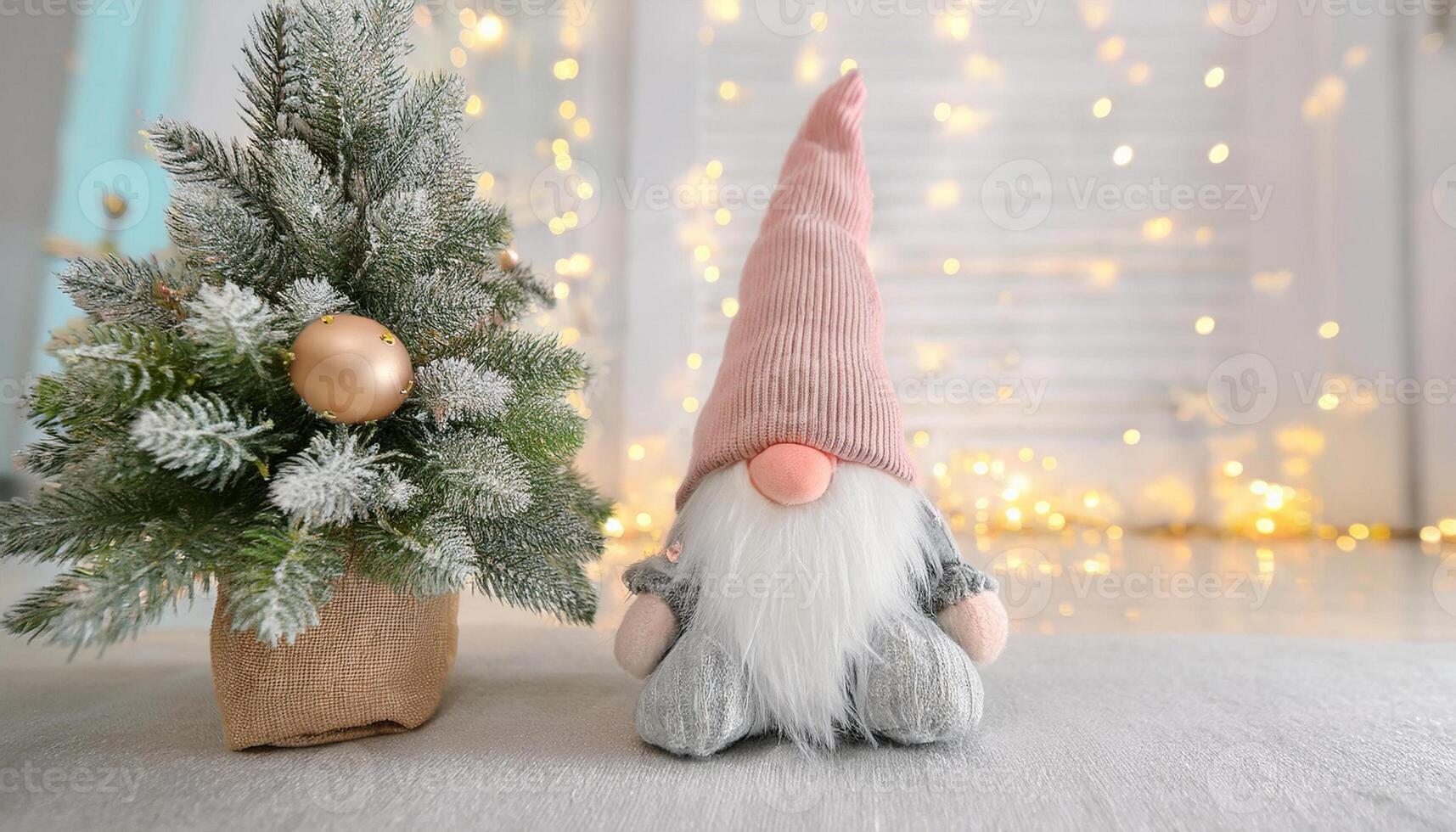 Christmas gnome under tree decorated, holiday lights background photo