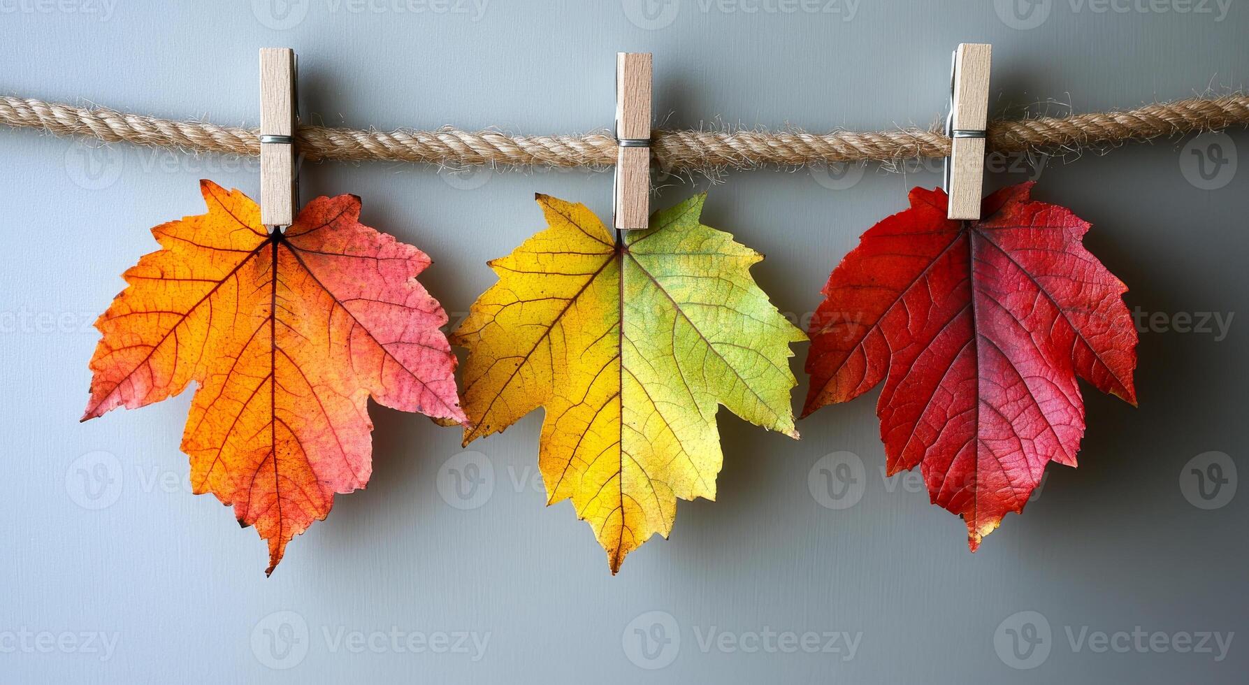 Three leaves are hanging from a string, one is yellow, one is orange, and one is red. The leaves are arranged in a row, with the yellow leaf in the middle and the orange and red leaves on either side photo