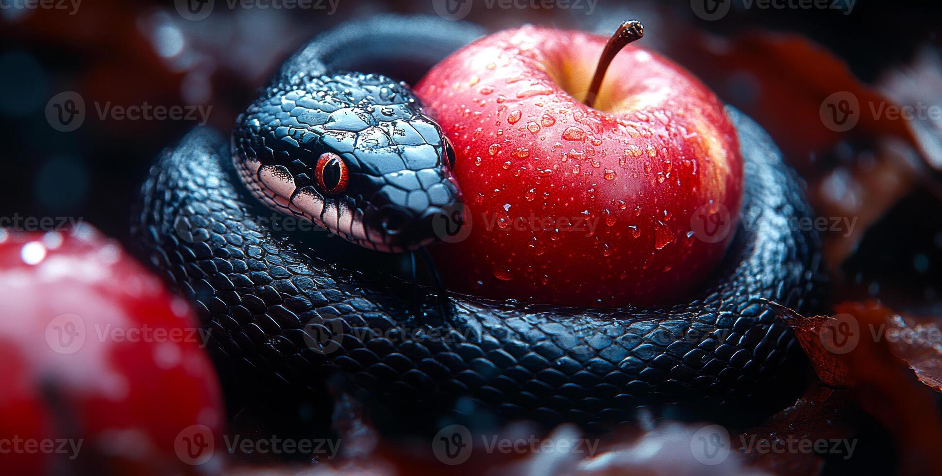 A black snake is curled around a red apple. The snake is surrounded by leaves and the apple is partially covered in water droplets. The image has a mysterious and eerie mood, as the snake photo