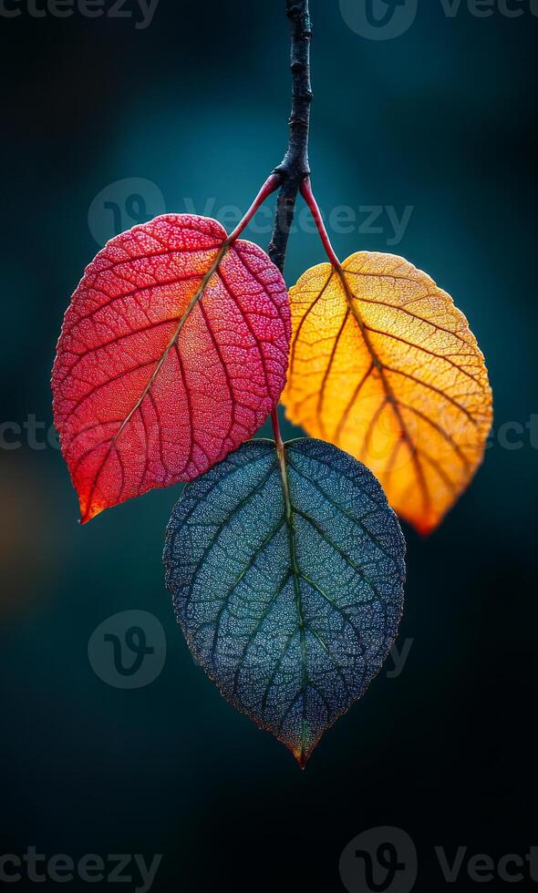 Three leaves are hanging from a branch, one is red, one is yellow, and one is green photo