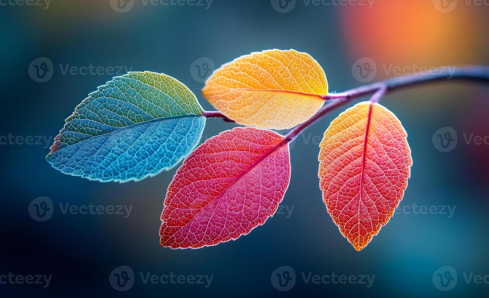 A colorful leaf with a blue background. The leaf is in the middle of the image and is surrounded by other leaves photo