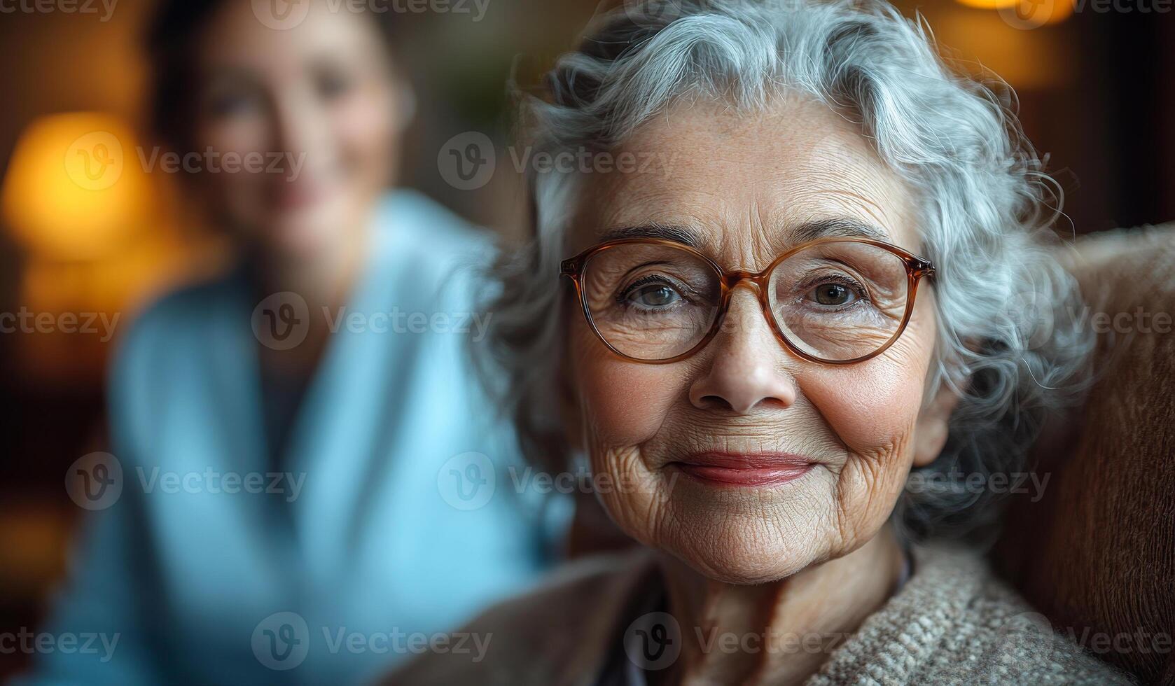 A woman with glasses is smiling at the camera. She is wearing a blue shirt and a white sweater photo