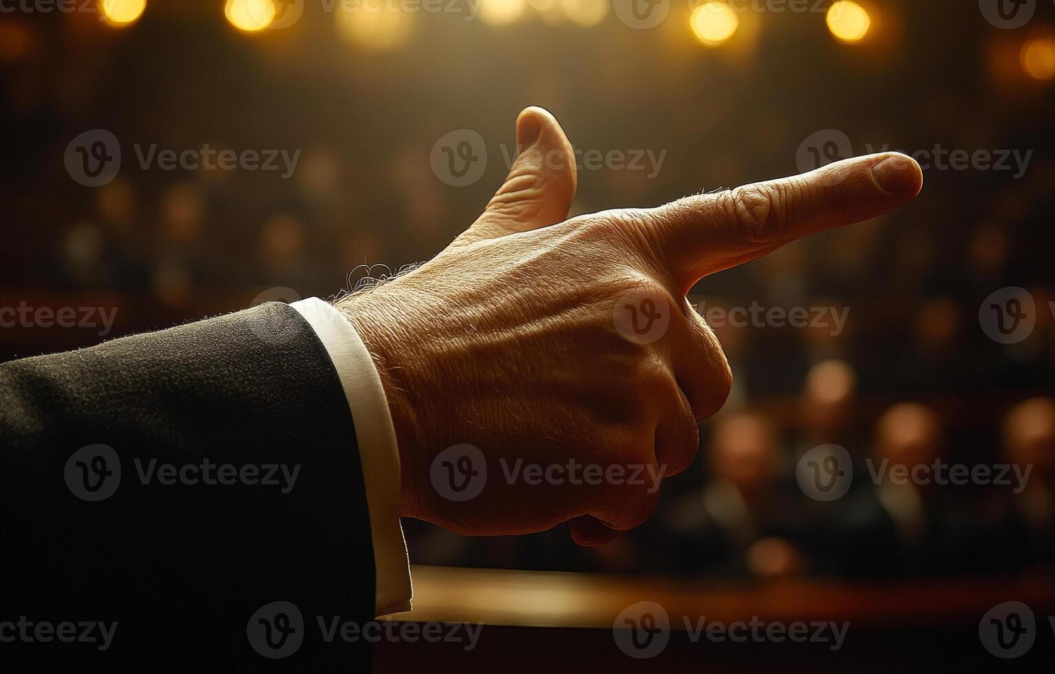 A man pointing his finger at a crowd of people. The man is dressed in a suit and tie photo