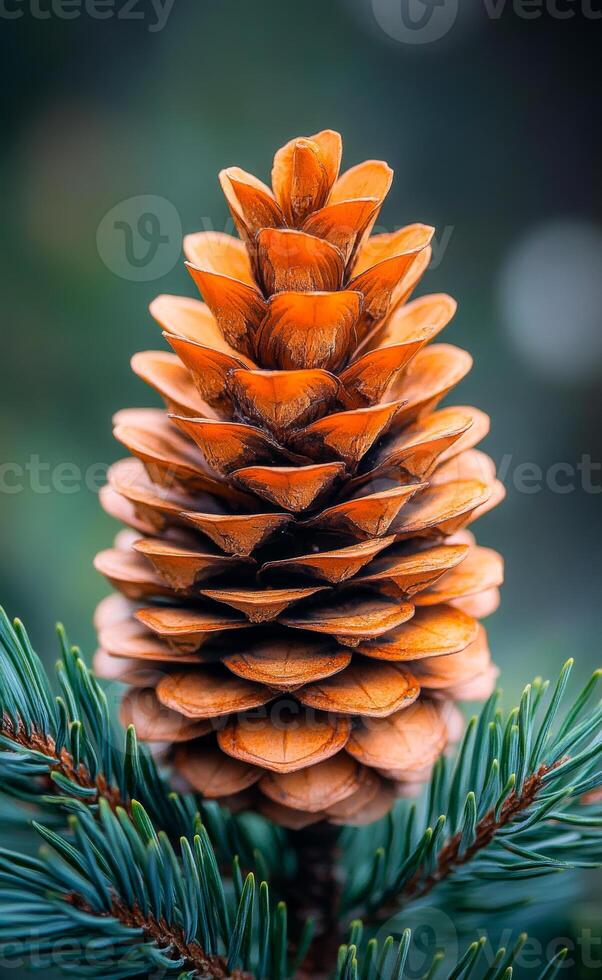 A pine cone is shown in a close up. The pine cone is brown and has a green stem photo