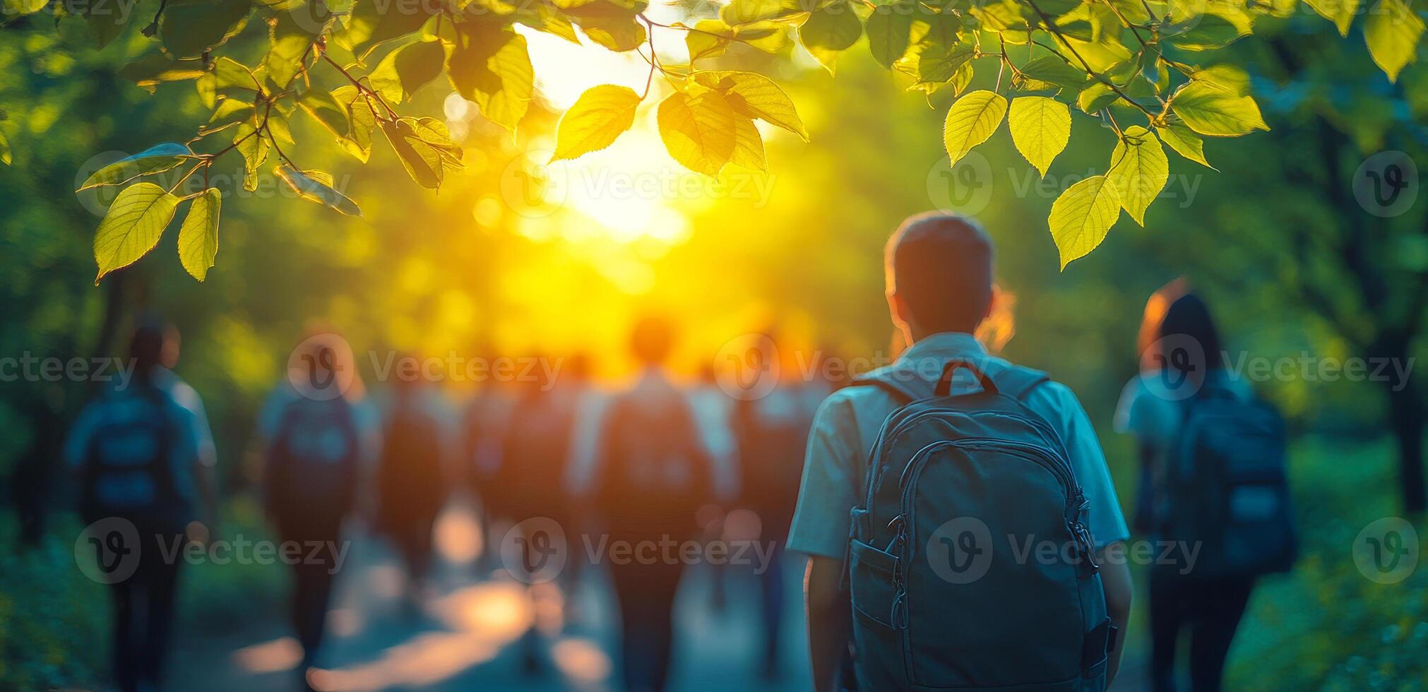 A group of people are walking in a forest, with one person wearing a backpack. The sun is shining brightly, casting a warm glow on the scene photo