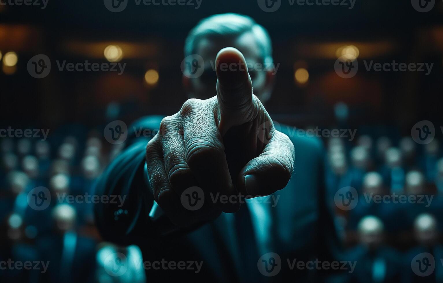 A man in a suit is pointing at something in the audience. Concept of importance and authority, as the man is dressed in a suit and he is directing attention to something photo