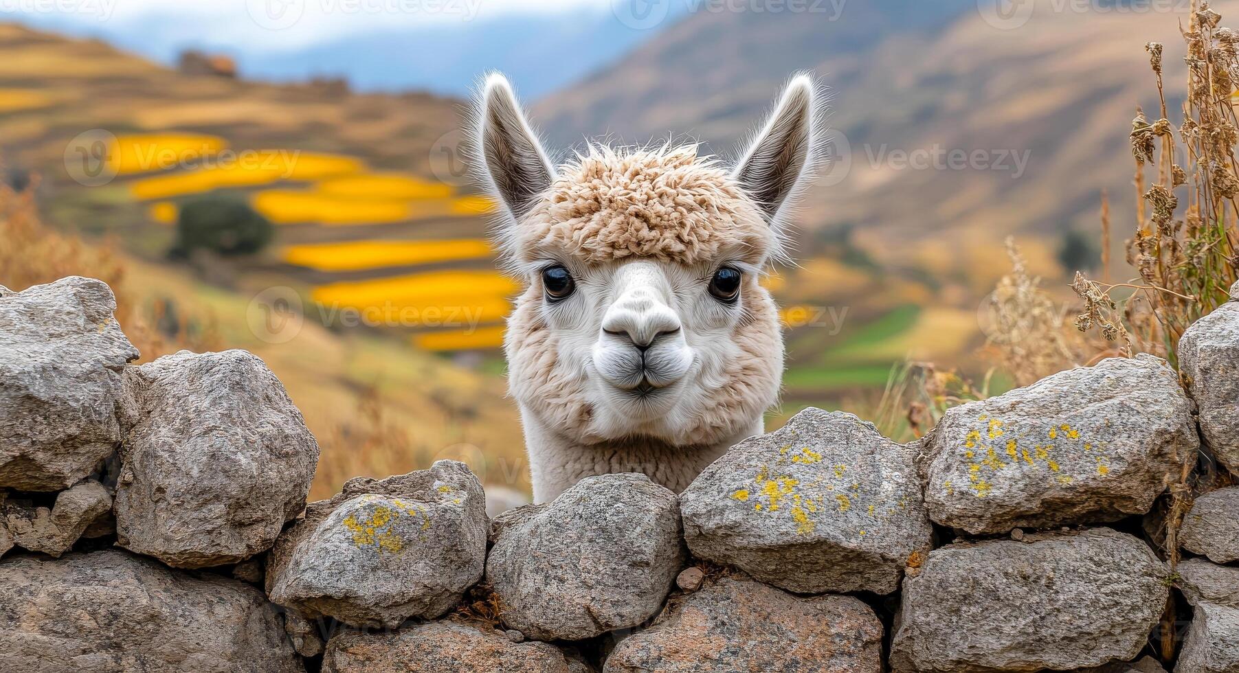 A white llama is looking at the camera through a stone wall. The scene is peaceful and serene, with the llama standing in front of a field of yellow flowers photo