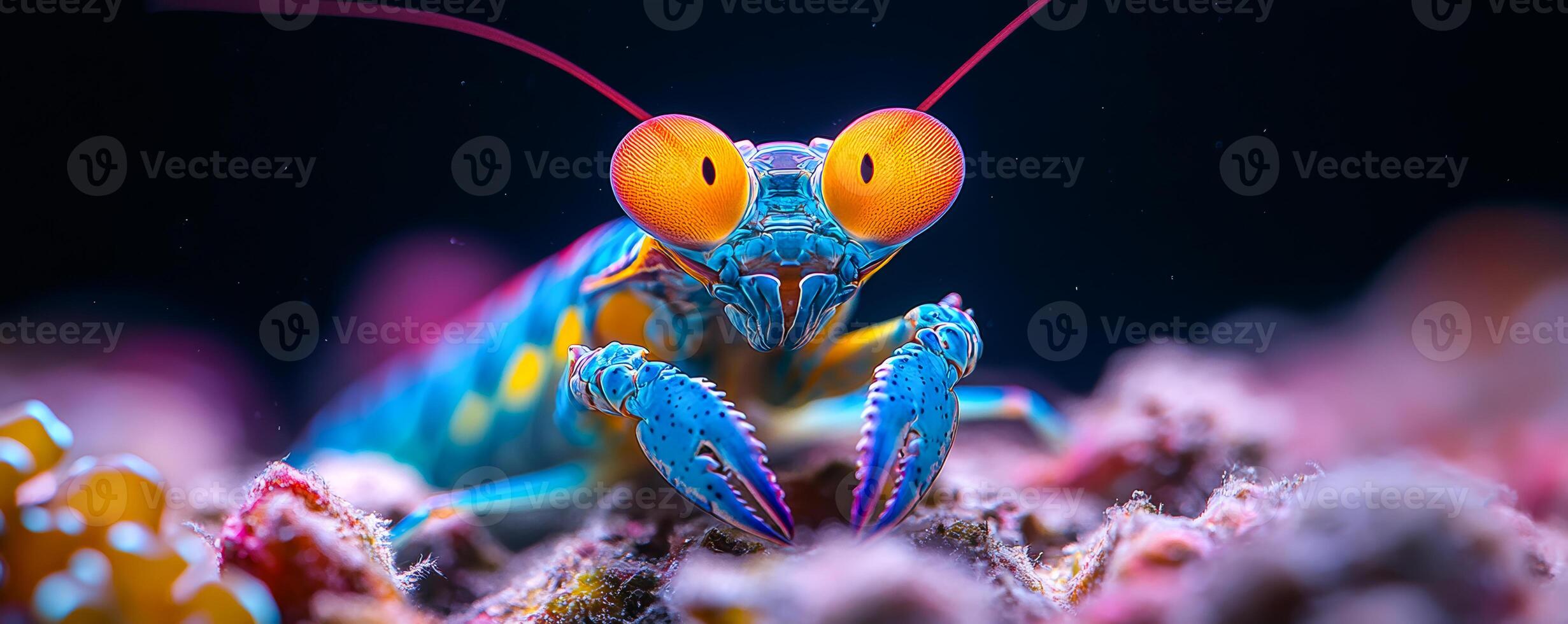 A colorful bug with blue and orange eyes is on a rock. The bug is looking at the camera photo