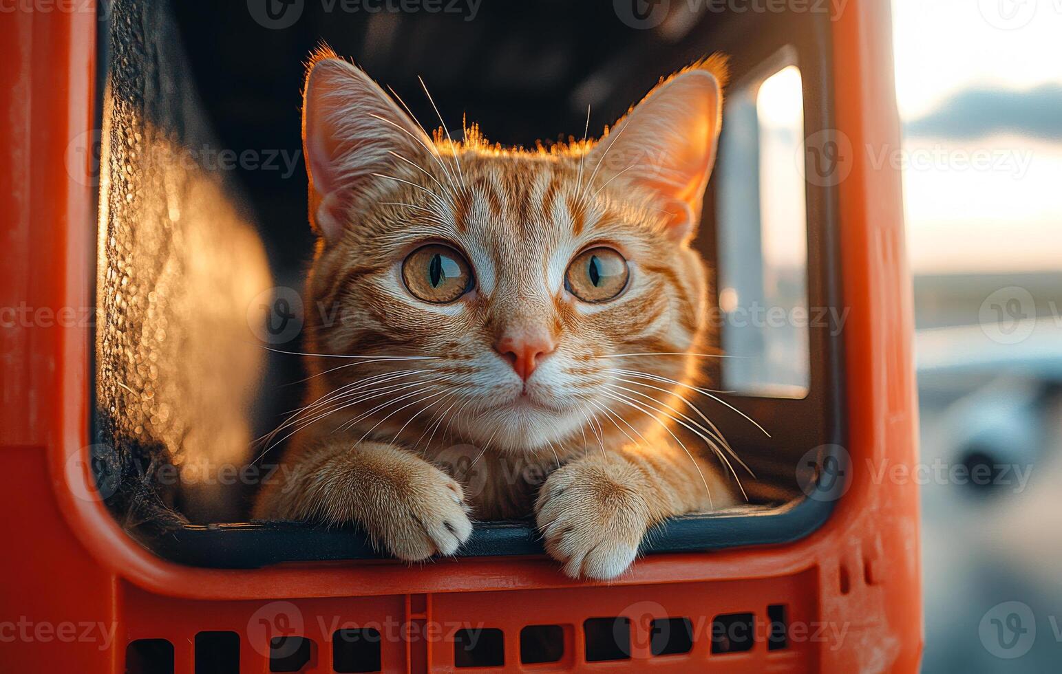 A cat is looking out of a red container. The cat is orange and has a curious expression photo