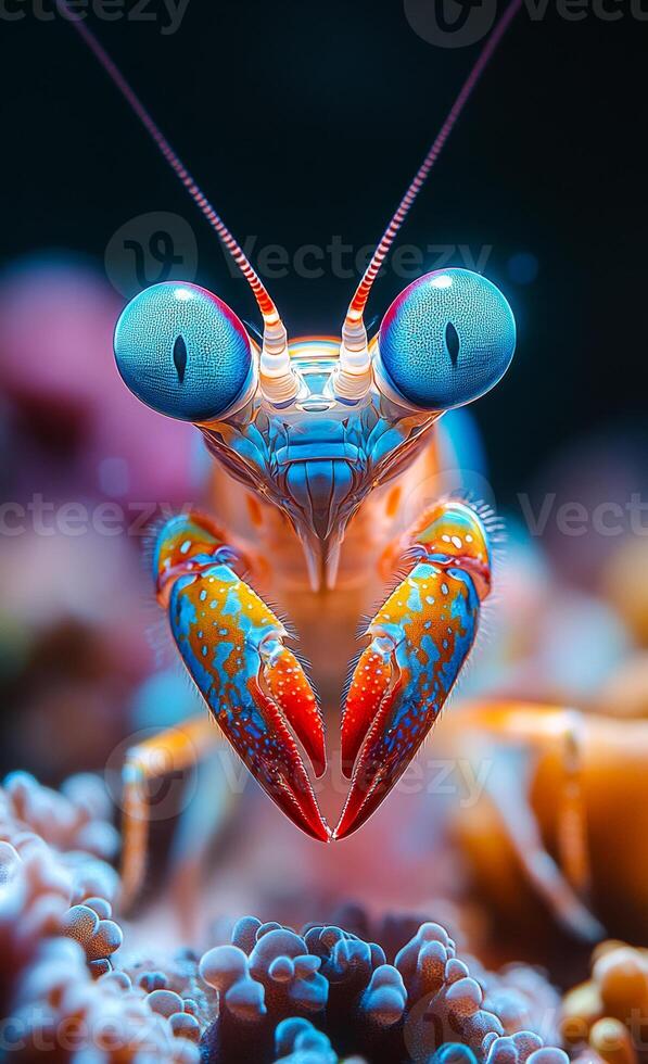 A colorful sea creature with blue eyes and red claws. The image has a vibrant and lively mood, with the bright colors of the creature standing out against the blue background photo