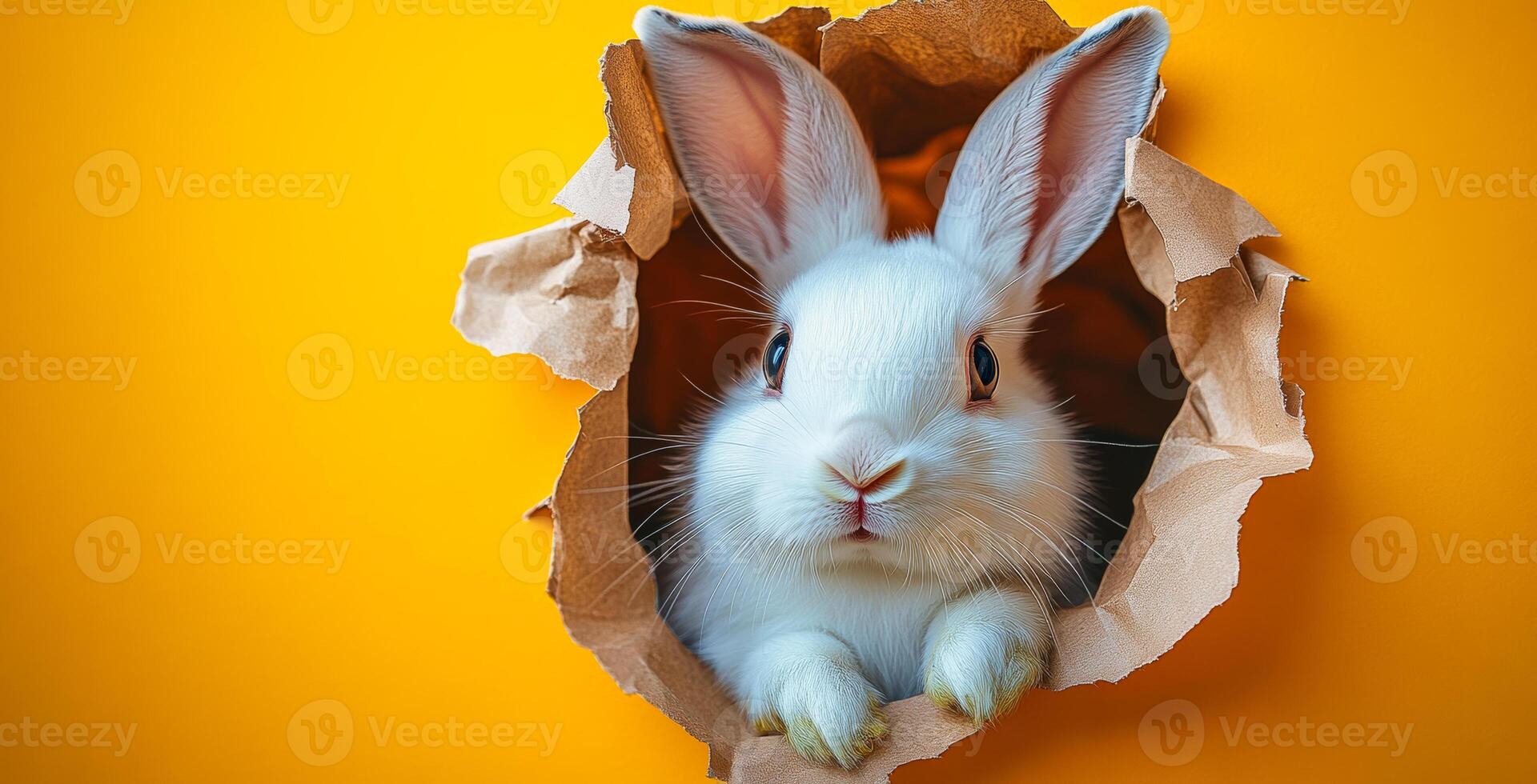A rabbit is peeking out of a hole in a brown paper bag. The rabbit is looking at the camera with a curious expression. The scene is playful and whimsical photo