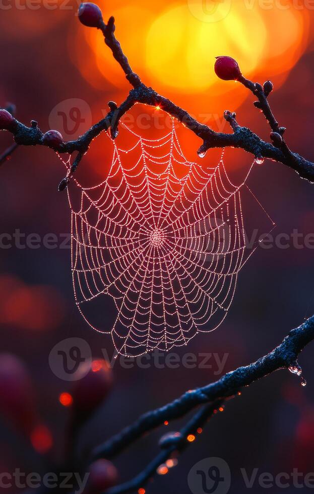 A spider web is hanging from a tree branch. The web is covered in dew and the sun is setting in the background photo