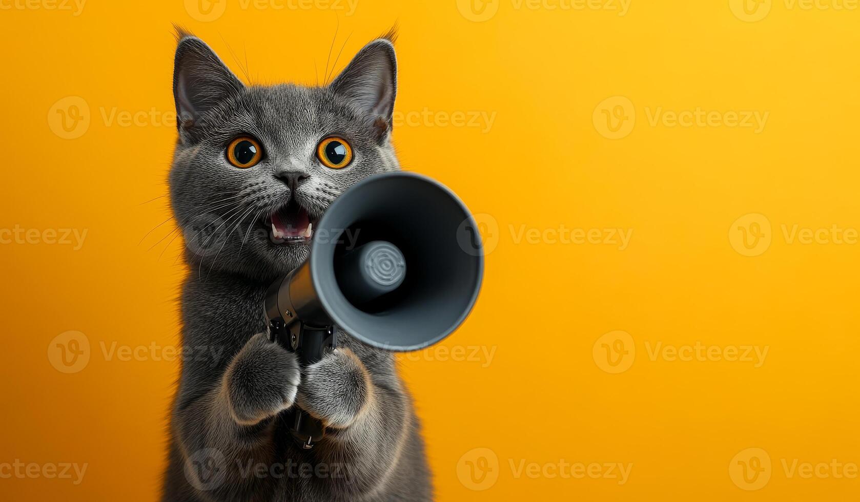 A cat is holding a microphone and making a loud noise. The cat is looking at the camera with a surprised expression. Concept of humor and playfulness, as the cat is pretending to be a microphone photo