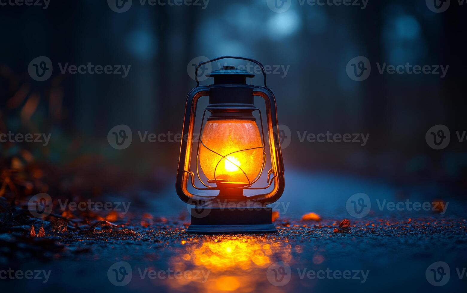 A lantern is lit in the woods, casting a warm glow on the ground. The scene is serene and peaceful, with the light from the lantern creating a sense of calm and tranquility photo