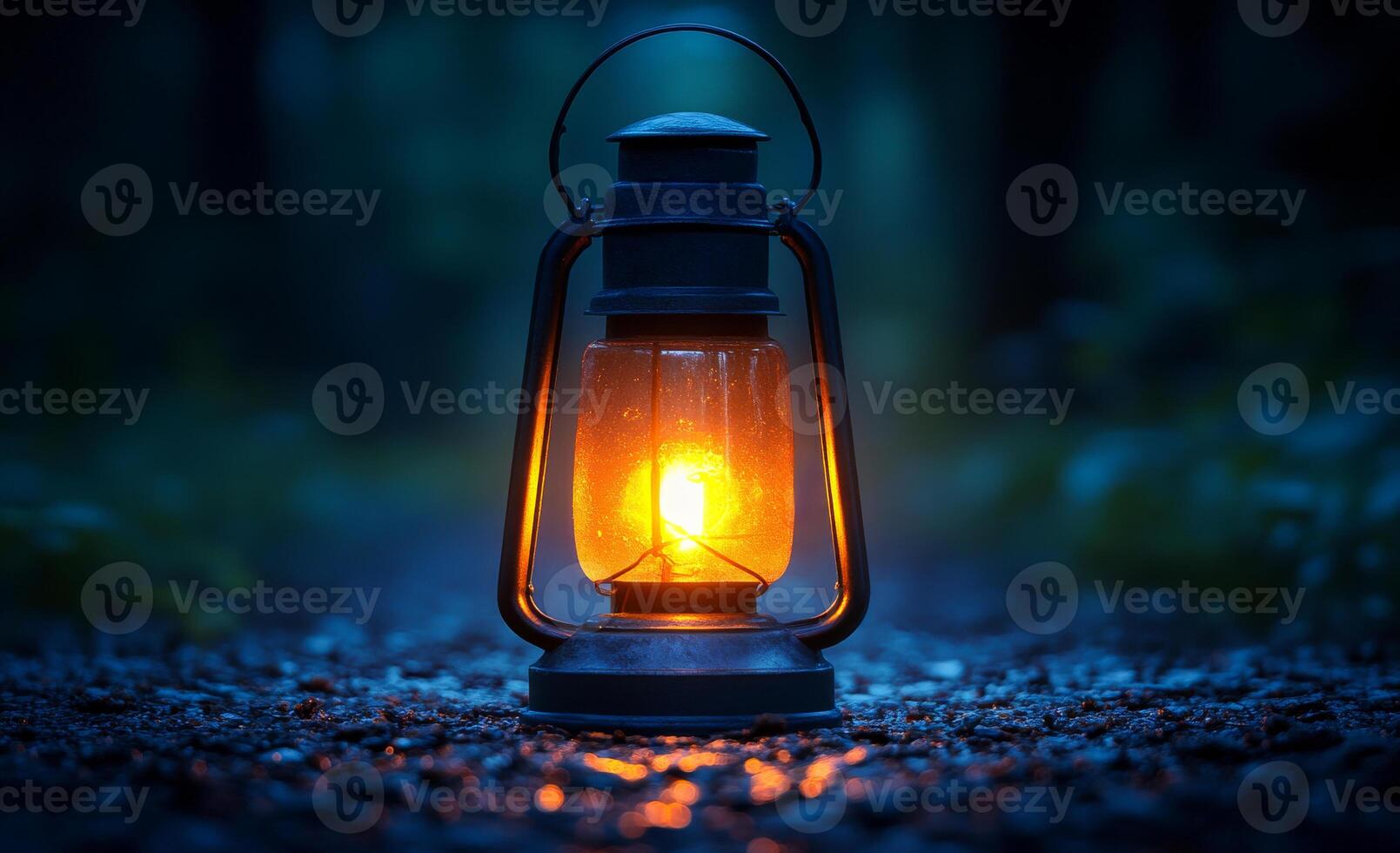 A lantern is lit in the dark, casting a warm glow on the ground. The scene is peaceful and calming, with the light providing a sense of comfort and security photo