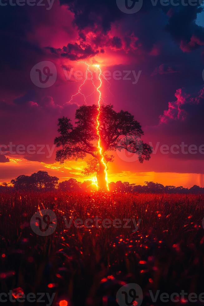 A tree is lit up by a lightning bolt in a field. The sky is dark and stormy photo