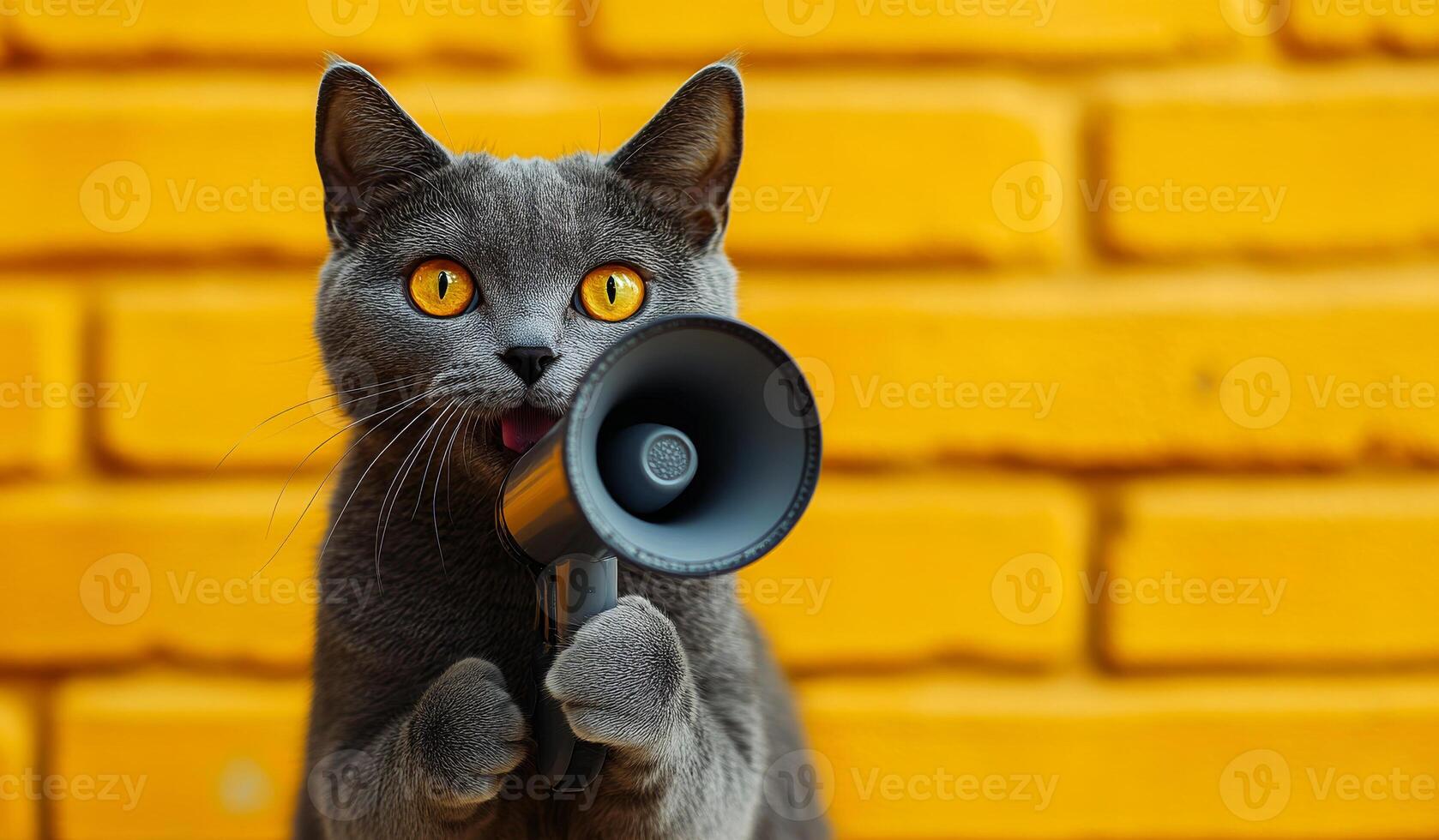 A cat is holding a microphone and making a loud noise. The cat is looking at the camera with a surprised expression. The image has a playful and humorous mood photo