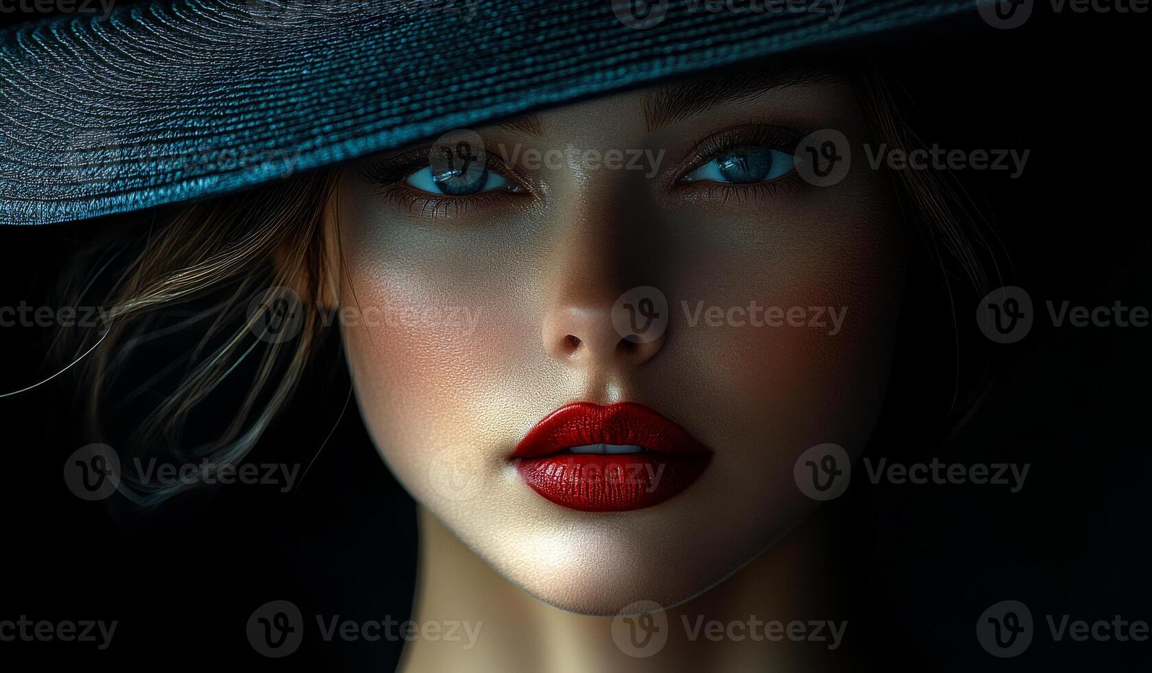 A woman with a black hat and red lipstick is the main focus of the image. The hat is positioned on her head, covering a significant portion of her face. The lipstick is bold and vibrant photo